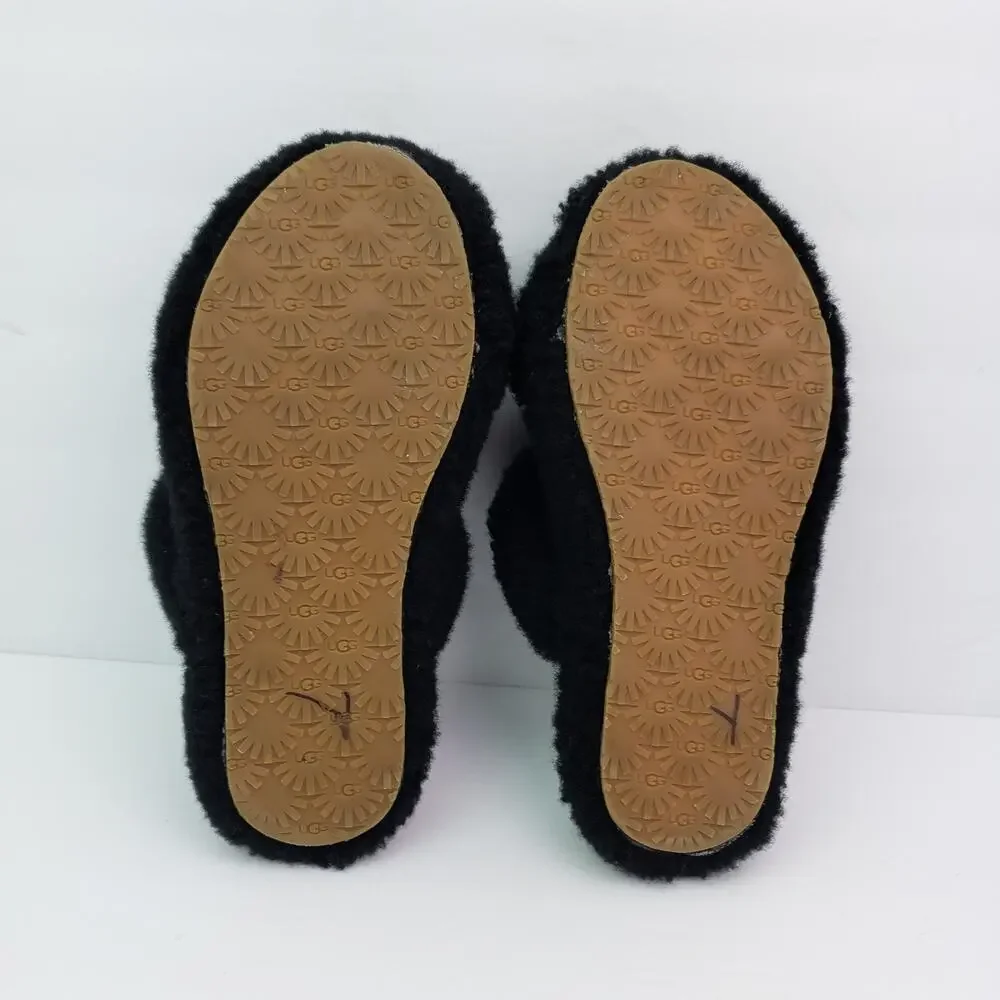 UGG Oh Yeah Girls Size 1Y Black Slip On Fluffy Soft Slipper Sandals 1115752K